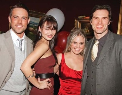 candid0309.jpg - Terri with Austin Peck (Brad, ATWT), Dylan Bruce (Chris, ATWT) and Ewa da Cruz (Vienna, ATWT) at the CBS Watch! Magazine reception in January 2009 (Photo by Steven Bergman)