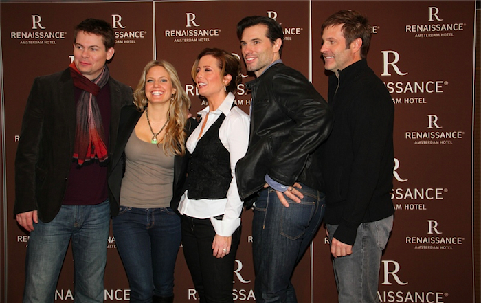 candid0631.jpg - Terri with Trent Dawson, Martha Byrne, Austin Peck, and Jon Hensley at the Renaissance Hotel in Amsterdam on February 17, 2012